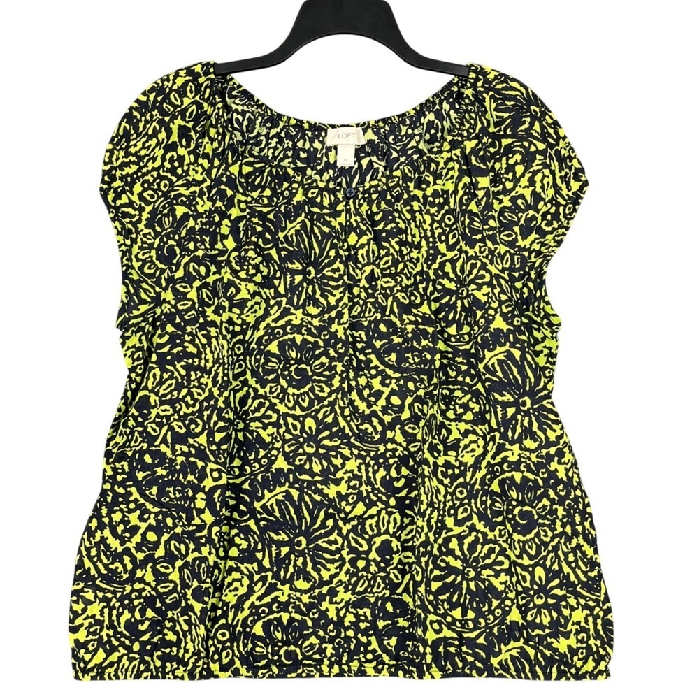 LOFT Green Floral Boho Chic Blouse Womens XL Short Sleeve Black Grunge Festival‎